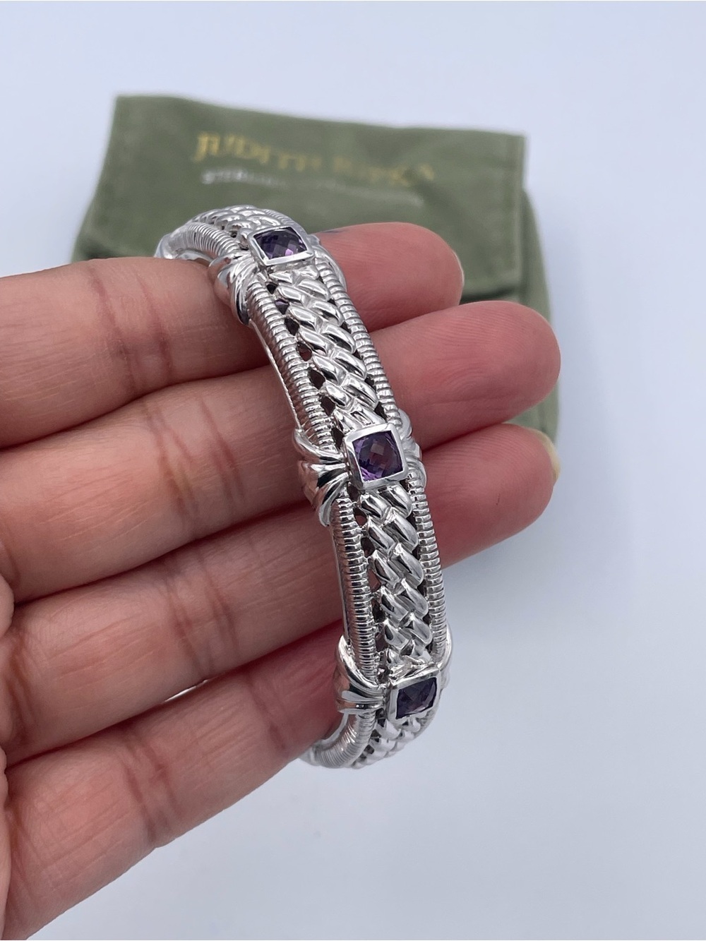 Judith Ripka 925 Sterling Silver Amethyst Cuff Bracelet Thailand Heavy 48.6g - Picture 2 of 11